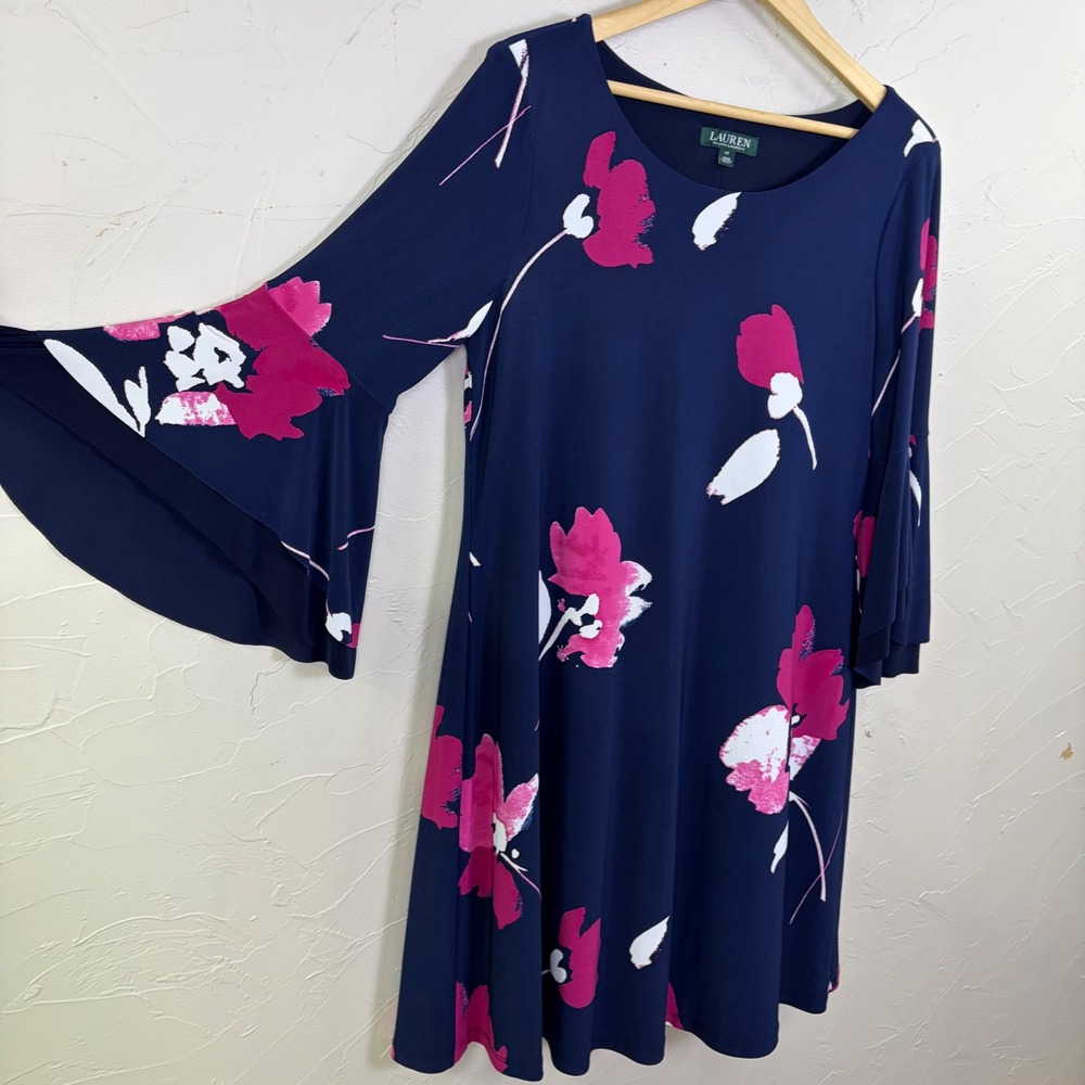 Lauren Ralph Lauren Shift Dress Women 10 Navy Floral Bell Sleeve Career Preppy